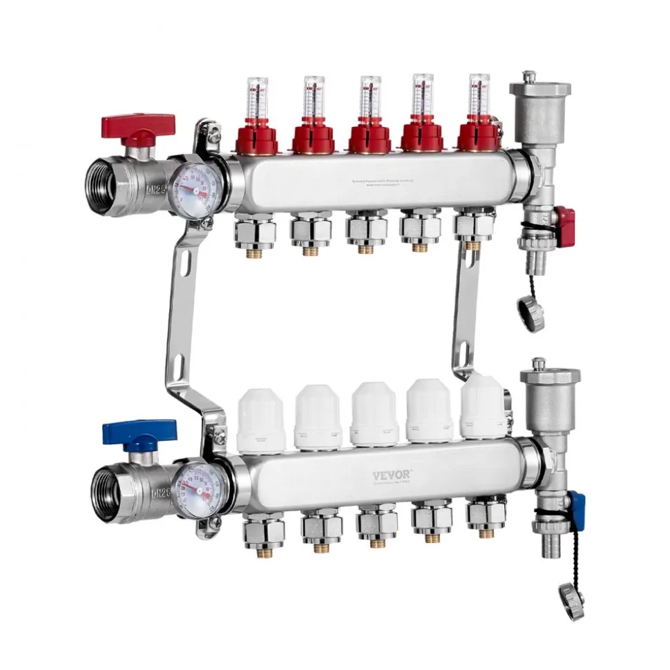 VEVOR 5-Branch Radiant Heat Manifold, 1/2" PEX Tubing Manifold, Stainless Steel PEX Manifold for Hydronic Radiant Floor Heating, Radiant Heat PEX Manifold Kit with 1/2" Adapters Included