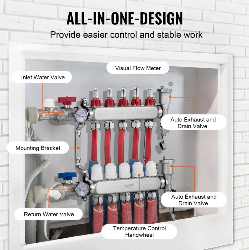 VEVOR 5-Branch Radiant Heat Manifold, 1/2" PEX Tubing Manifold, Stainless Steel PEX Manifold for Hydronic Radiant Floor Heating, Radiant Heat PEX Manifold Kit with 1/2" Adapters Included