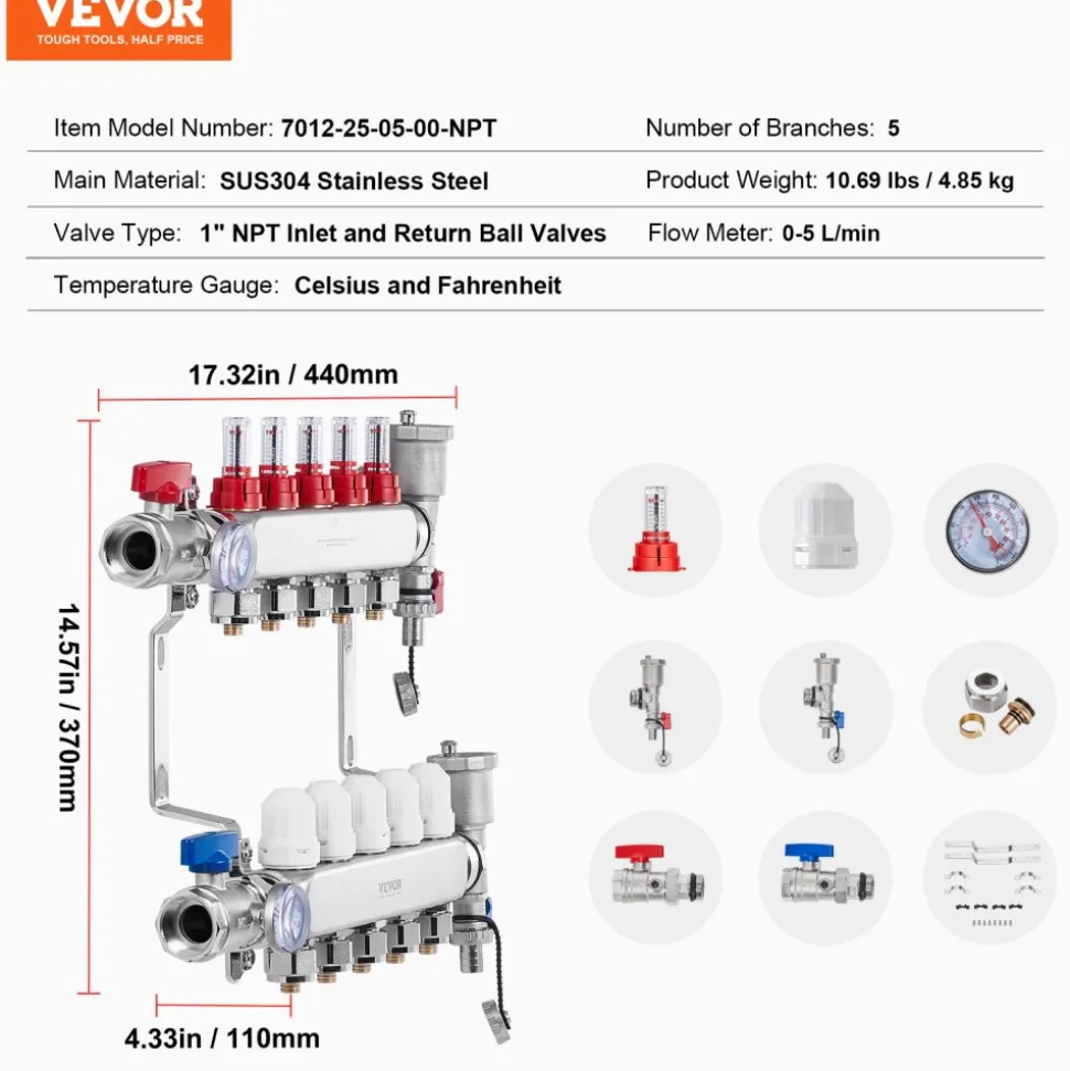 VEVOR 5-Branch Radiant Heat Manifold, 1/2" PEX Tubing Manifold, Stainless Steel PEX Manifold for Hydronic Radiant Floor Heating, Radiant Heat PEX Manifold Kit with 1/2" Adapters Included