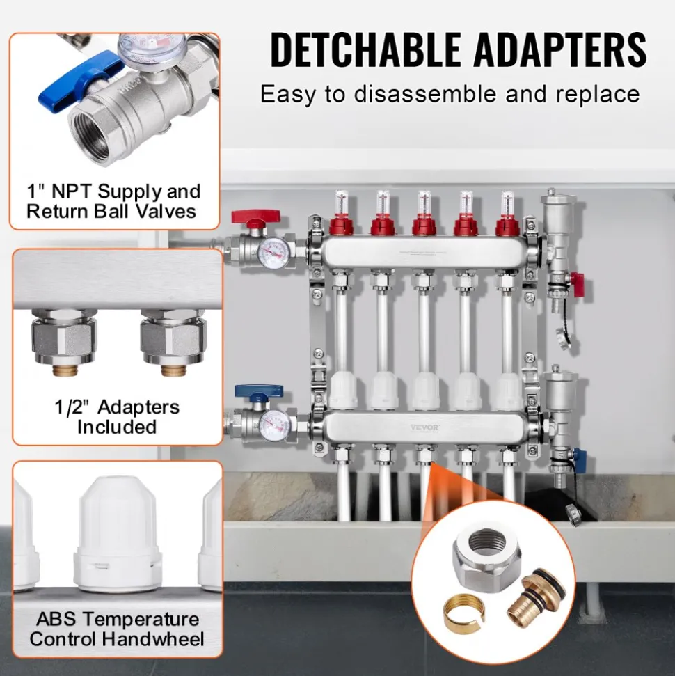 VEVOR 5-Branch Radiant Heat Manifold, 1/2" PEX Tubing Manifold, Stainless Steel PEX Manifold for Hydronic Radiant Floor Heating, Radiant Heat PEX Manifold Kit with 1/2" Adapters Included