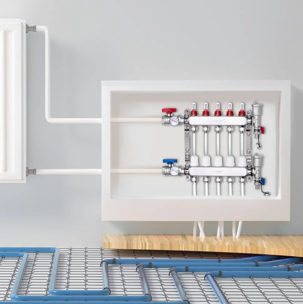 VEVOR 5-Branch Radiant Heat Manifold, 1/2" PEX Tubing Manifold, Stainless Steel PEX Manifold for Hydronic Radiant Floor Heating, Radiant Heat PEX Manifold Kit with 1/2" Adapters Included