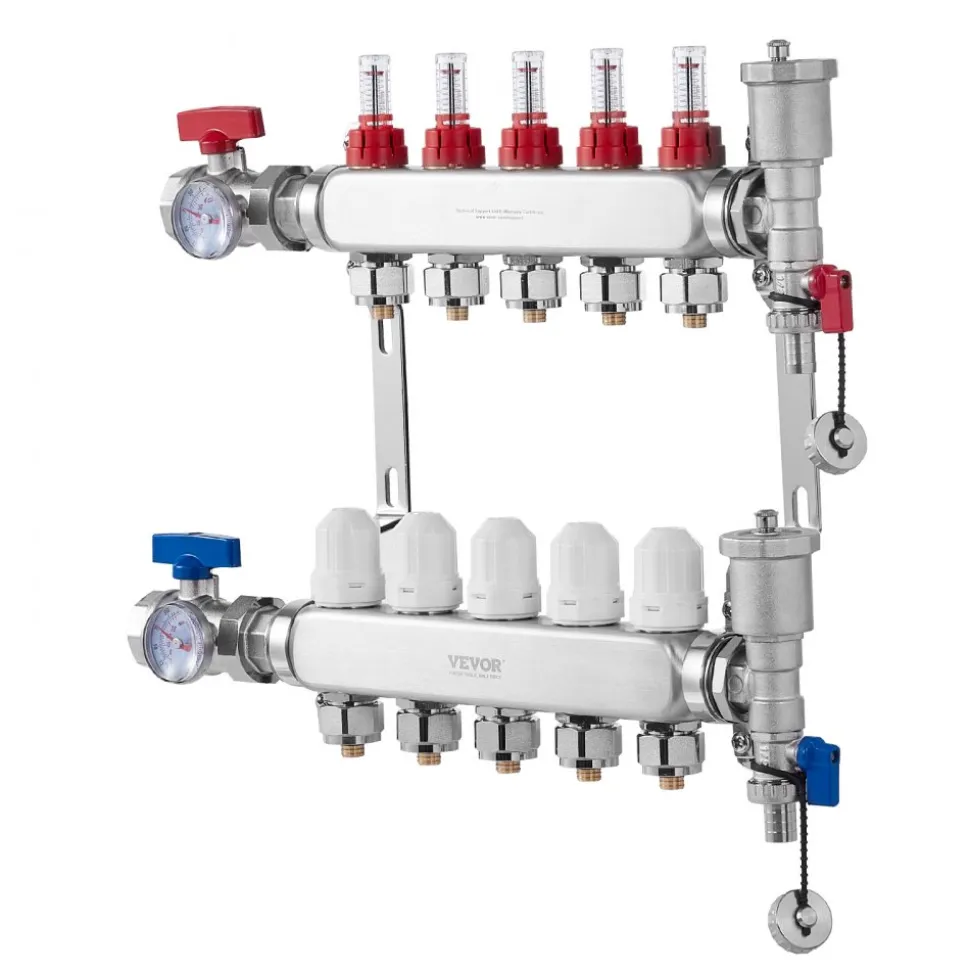 VEVOR 5-Branch Radiant Heat Manifold, 1/2" PEX Tubing Manifold, Stainless Steel PEX Manifold for Hydronic Radiant Floor Heating, Radiant Heat PEX Manifold Kit with 1/2" Adapters Included