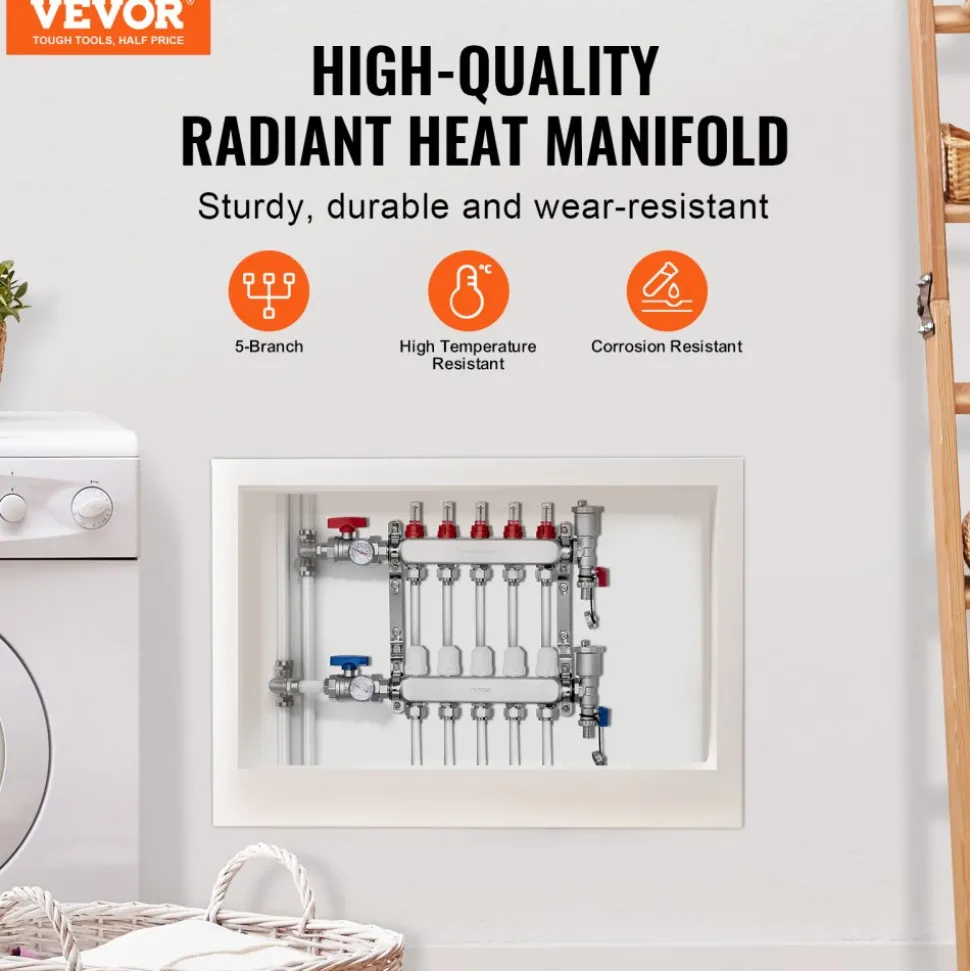 VEVOR 5-Branch Radiant Heat Manifold, 1/2" PEX Tubing Manifold, Stainless Steel PEX Manifold for Hydronic Radiant Floor Heating, Radiant Heat PEX Manifold Kit with 1/2" Adapters Included