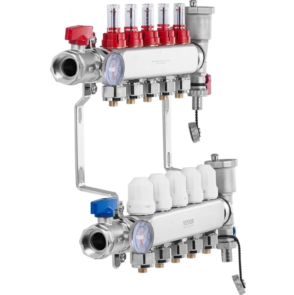 VEVOR 5-Branch Radiant Heat Manifold, 1/2" PEX Tubing Manifold, Stainless Steel PEX Manifold for Hydronic Radiant Floor Heating, Radiant Heat PEX Manifold Kit with 1/2" Adapters Included