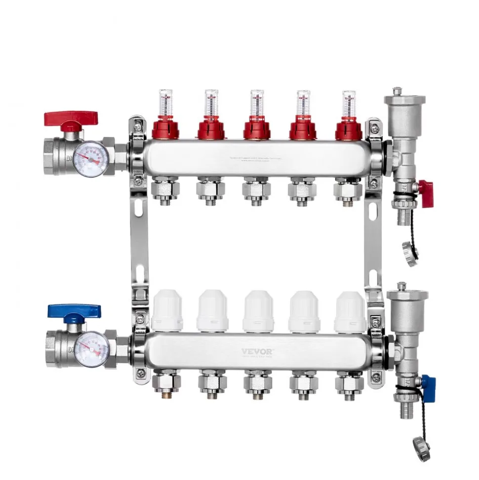 VEVOR 5-Branch Radiant Heat Manifold, 1/2" PEX Tubing Manifold, Stainless Steel PEX Manifold for Hydronic Radiant Floor Heating, Radiant Heat PEX Manifold Kit with 1/2" Adapters Included