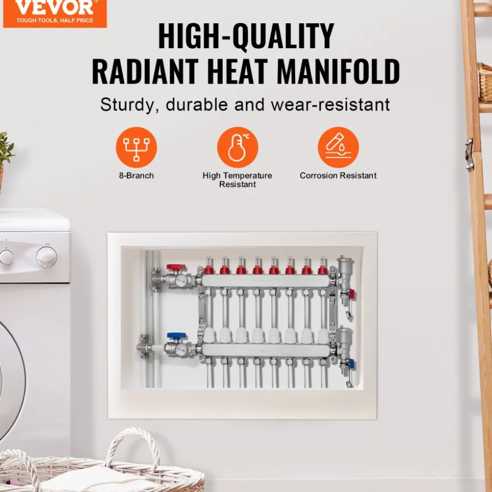 VEVOR 10-Branch Radiant Heat Manifold, 1/2" PEX Tubing Manifold, Stainless Steel PEX Manifold for Hydronic Radiant Floor Heating, Radiant Heat PEX Manifold Kit with 1/2" Adapters Included