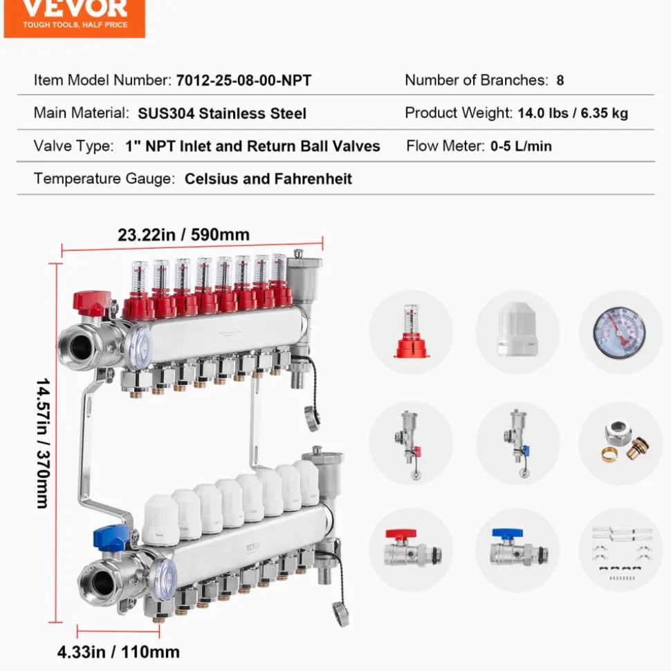 VEVOR 10-Branch Radiant Heat Manifold, 1/2" PEX Tubing Manifold, Stainless Steel PEX Manifold for Hydronic Radiant Floor Heating, Radiant Heat PEX Manifold Kit with 1/2" Adapters Included
