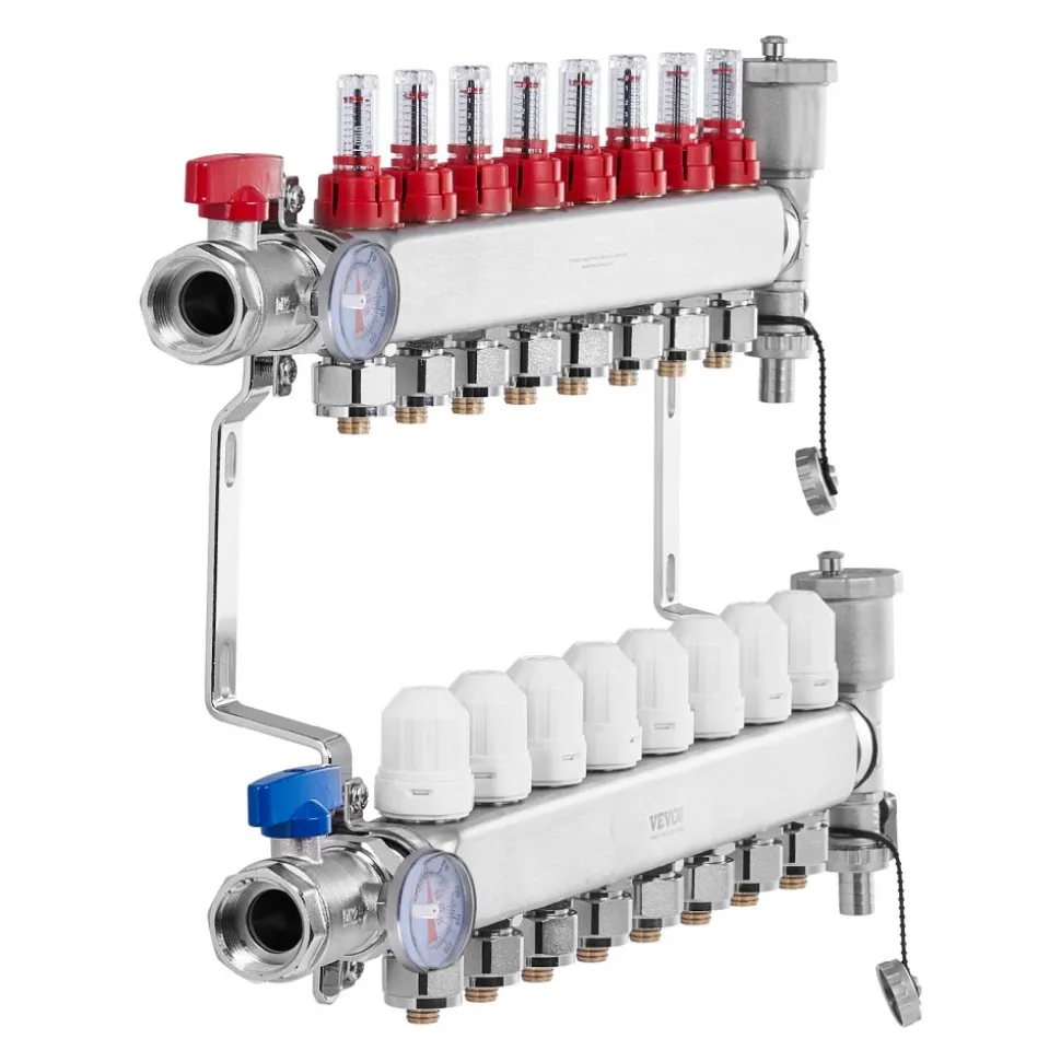 VEVOR 10-Branch Radiant Heat Manifold, 1/2" PEX Tubing Manifold, Stainless Steel PEX Manifold for Hydronic Radiant Floor Heating, Radiant Heat PEX Manifold Kit with 1/2" Adapters Included