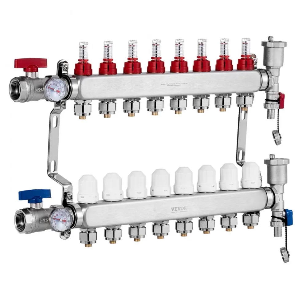 VEVOR 10-Branch Radiant Heat Manifold, 1/2" PEX Tubing Manifold, Stainless Steel PEX Manifold for Hydronic Radiant Floor Heating, Radiant Heat PEX Manifold Kit with 1/2" Adapters Included