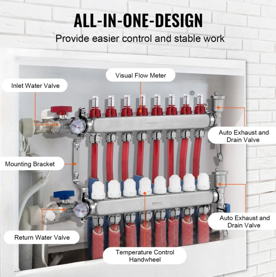 VEVOR 10-Branch Radiant Heat Manifold, 1/2" PEX Tubing Manifold, Stainless Steel PEX Manifold for Hydronic Radiant Floor Heating, Radiant Heat PEX Manifold Kit with 1/2" Adapters Included