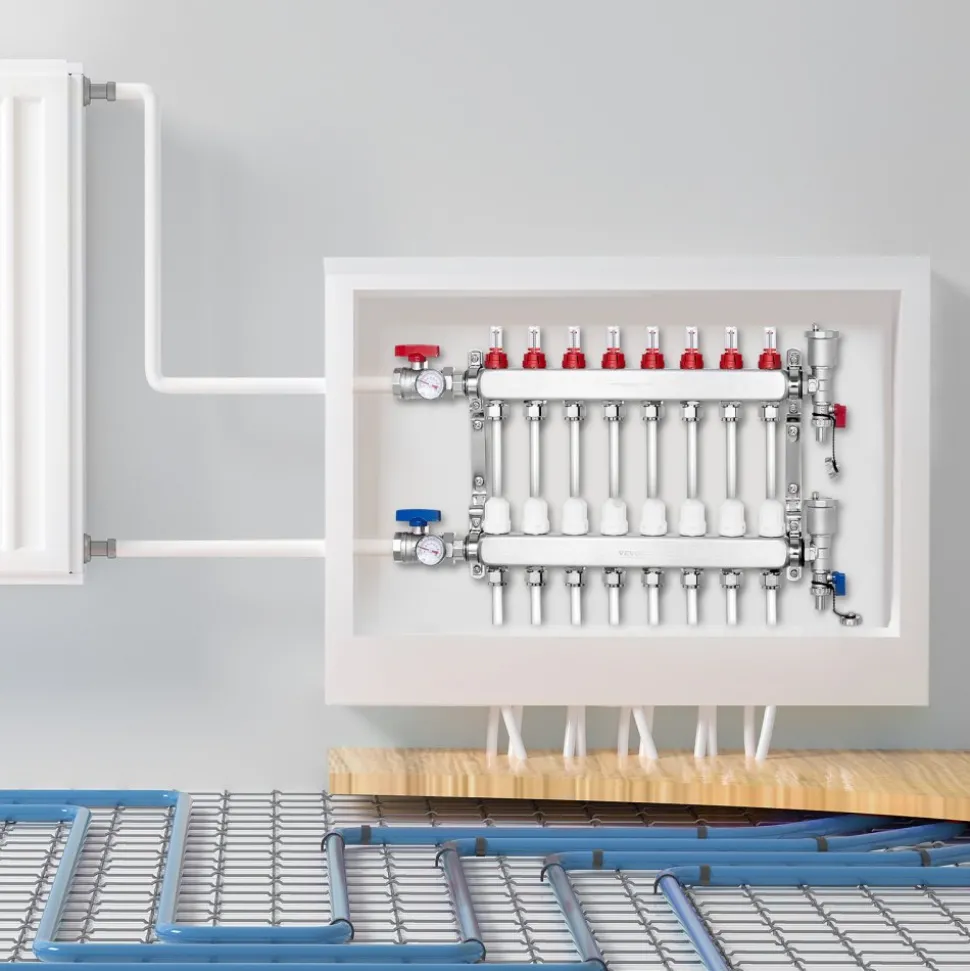 VEVOR 10-Branch Radiant Heat Manifold, 1/2" PEX Tubing Manifold, Stainless Steel PEX Manifold for Hydronic Radiant Floor Heating, Radiant Heat PEX Manifold Kit with 1/2" Adapters Included