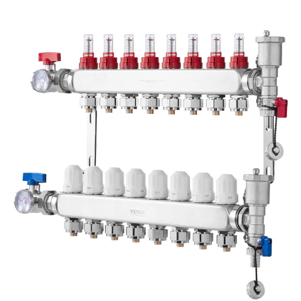 VEVOR 10-Branch Radiant Heat Manifold, 1/2" PEX Tubing Manifold, Stainless Steel PEX Manifold for Hydronic Radiant Floor Heating, Radiant Heat PEX Manifold Kit with 1/2" Adapters Included