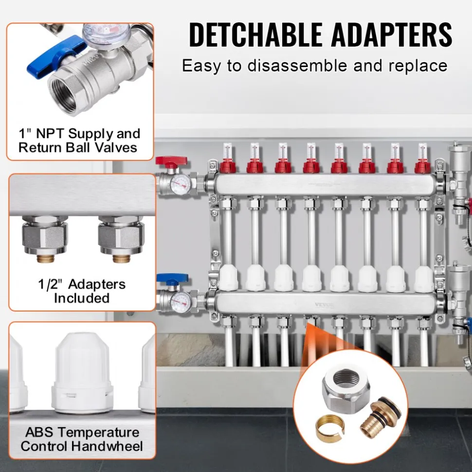 VEVOR 10-Branch Radiant Heat Manifold, 1/2" PEX Tubing Manifold, Stainless Steel PEX Manifold for Hydronic Radiant Floor Heating, Radiant Heat PEX Manifold Kit with 1/2" Adapters Included