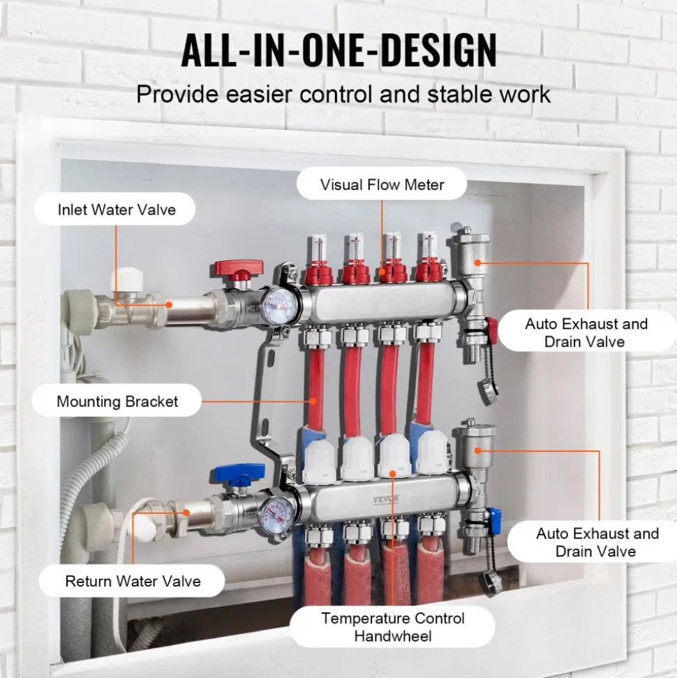 VEVOR 4-Branch Radiant Heat Manifold, 1/2" PEX Tubing Manifold, Stainless Steel PEX Manifold for Hydronic Radiant Floor Heating, Radiant Heat PEX Manifold Kit with 1/2" Adapters Included