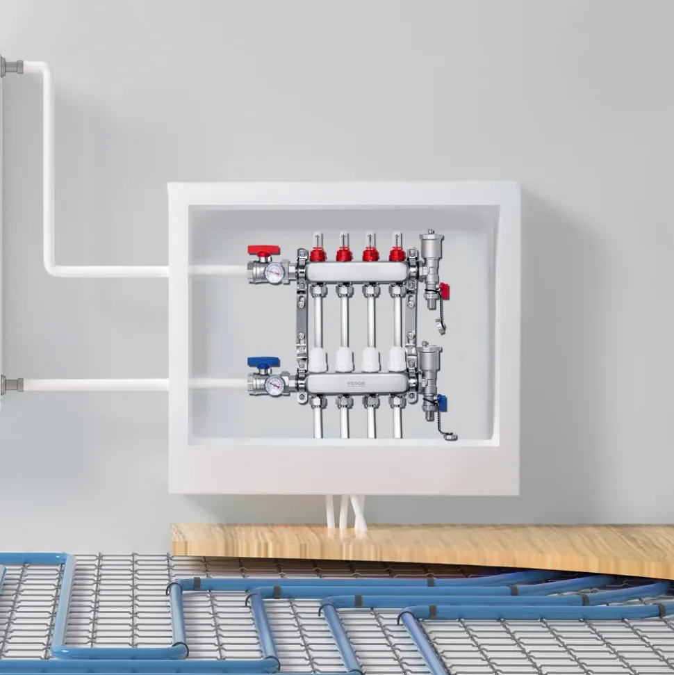 VEVOR 4-Branch Radiant Heat Manifold, 1/2" PEX Tubing Manifold, Stainless Steel PEX Manifold for Hydronic Radiant Floor Heating, Radiant Heat PEX Manifold Kit with 1/2" Adapters Included