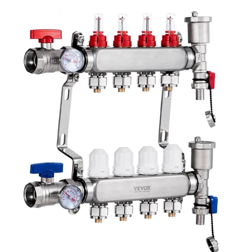 VEVOR 4-Branch Radiant Heat Manifold, 1/2" PEX Tubing Manifold, Stainless Steel PEX Manifold for Hydronic Radiant Floor Heating, Radiant Heat PEX Manifold Kit with 1/2" Adapters Included