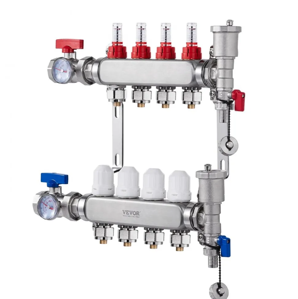 VEVOR 4-Branch Radiant Heat Manifold, 1/2" PEX Tubing Manifold, Stainless Steel PEX Manifold for Hydronic Radiant Floor Heating, Radiant Heat PEX Manifold Kit with 1/2" Adapters Included