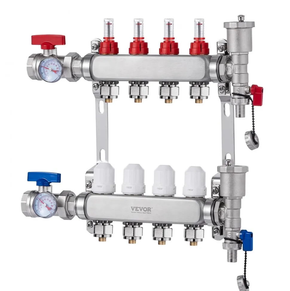 VEVOR 4-Branch Radiant Heat Manifold, 1/2" PEX Tubing Manifold, Stainless Steel PEX Manifold for Hydronic Radiant Floor Heating, Radiant Heat PEX Manifold Kit with 1/2" Adapters Included