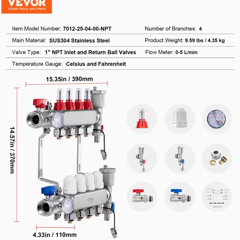 VEVOR 4-Branch Radiant Heat Manifold, 1/2" PEX Tubing Manifold, Stainless Steel PEX Manifold for Hydronic Radiant Floor Heating, Radiant Heat PEX Manifold Kit with 1/2" Adapters Included