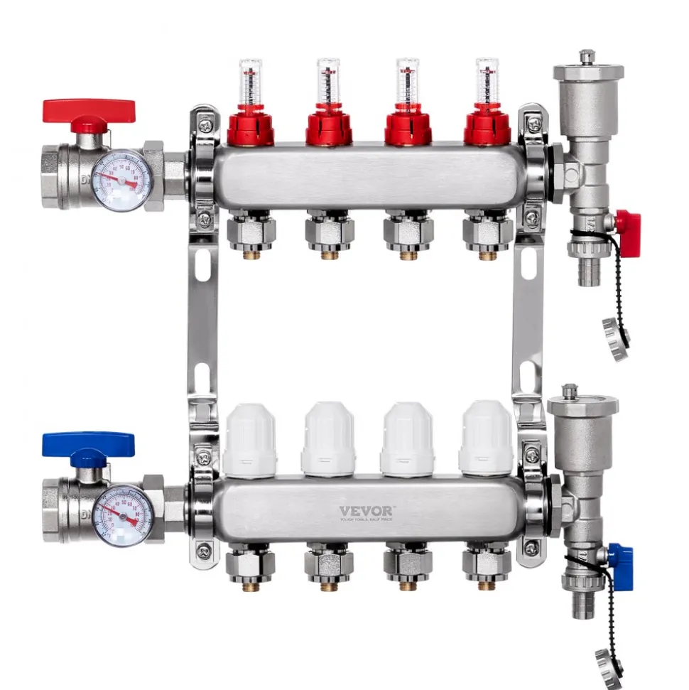 VEVOR 4-Branch Radiant Heat Manifold, 1/2" PEX Tubing Manifold, Stainless Steel PEX Manifold for Hydronic Radiant Floor Heating, Radiant Heat PEX Manifold Kit with 1/2" Adapters Included