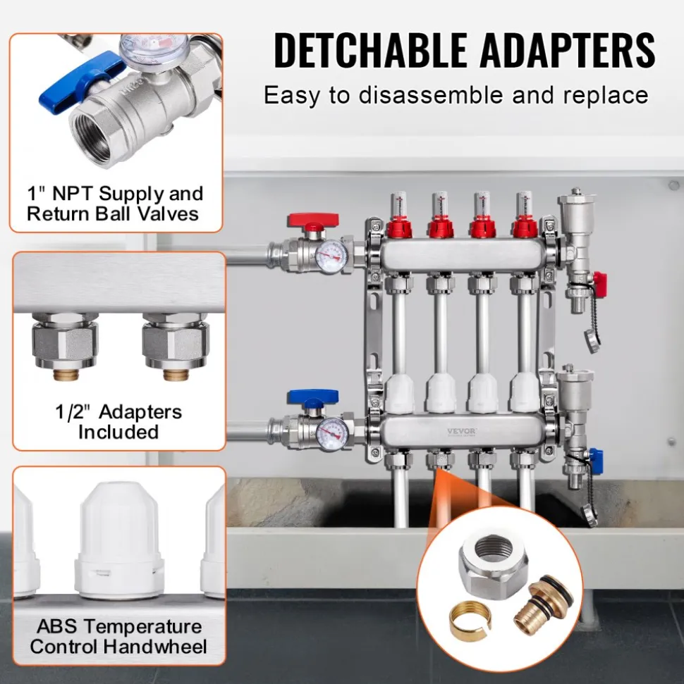VEVOR 4-Branch Radiant Heat Manifold, 1/2" PEX Tubing Manifold, Stainless Steel PEX Manifold for Hydronic Radiant Floor Heating, Radiant Heat PEX Manifold Kit with 1/2" Adapters Included