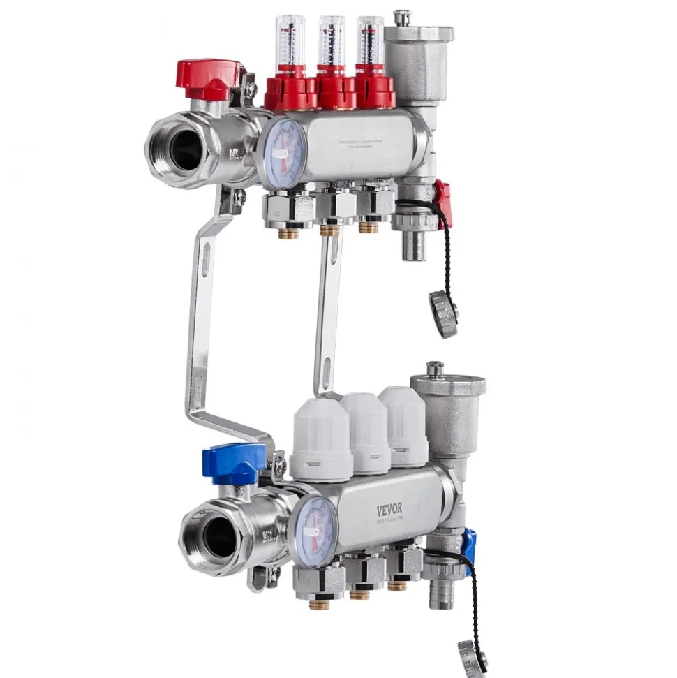 VEVOR 3-Branch Radiant Heat Manifold, 1/2" PEX Tubing Manifold, Stainless Steel PEX Manifold for Hydronic Radiant Floor Heating, Radiant Heat PEX Manifold Kit with 1/2" Adapters Included