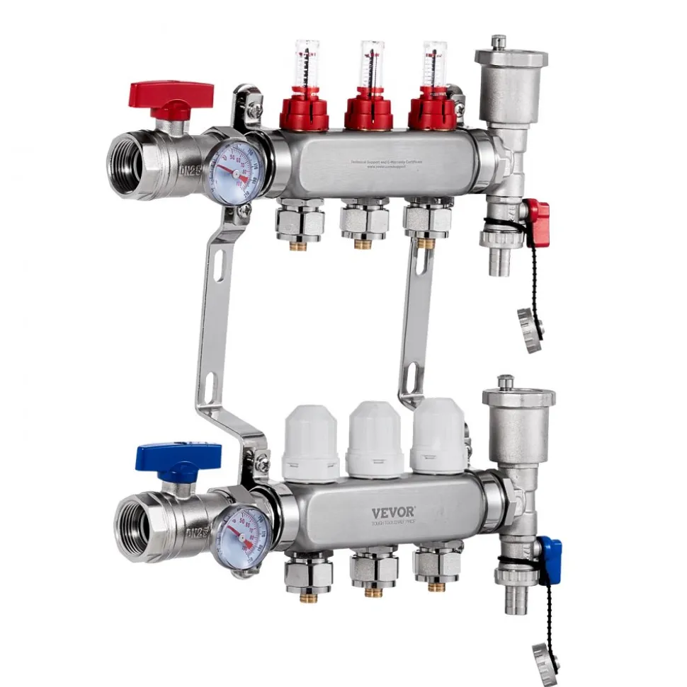 VEVOR 3-Branch Radiant Heat Manifold, 1/2" PEX Tubing Manifold, Stainless Steel PEX Manifold for Hydronic Radiant Floor Heating, Radiant Heat PEX Manifold Kit with 1/2" Adapters Included