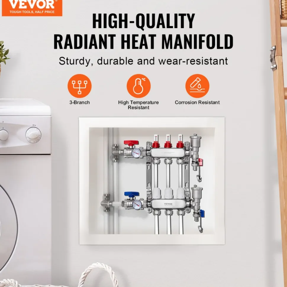 VEVOR 3-Branch Radiant Heat Manifold, 1/2" PEX Tubing Manifold, Stainless Steel PEX Manifold for Hydronic Radiant Floor Heating, Radiant Heat PEX Manifold Kit with 1/2" Adapters Included