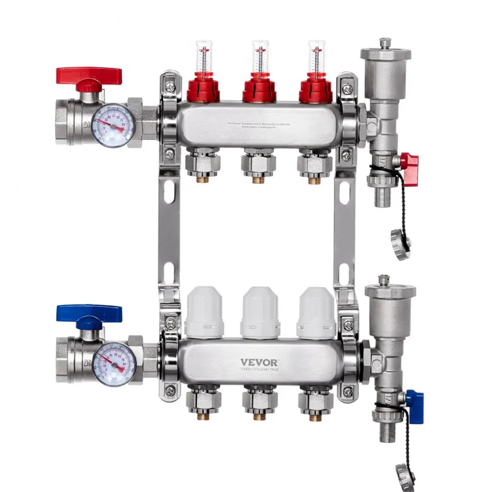 VEVOR 3-Branch Radiant Heat Manifold, 1/2" PEX Tubing Manifold, Stainless Steel PEX Manifold for Hydronic Radiant Floor Heating, Radiant Heat PEX Manifold Kit with 1/2" Adapters Included