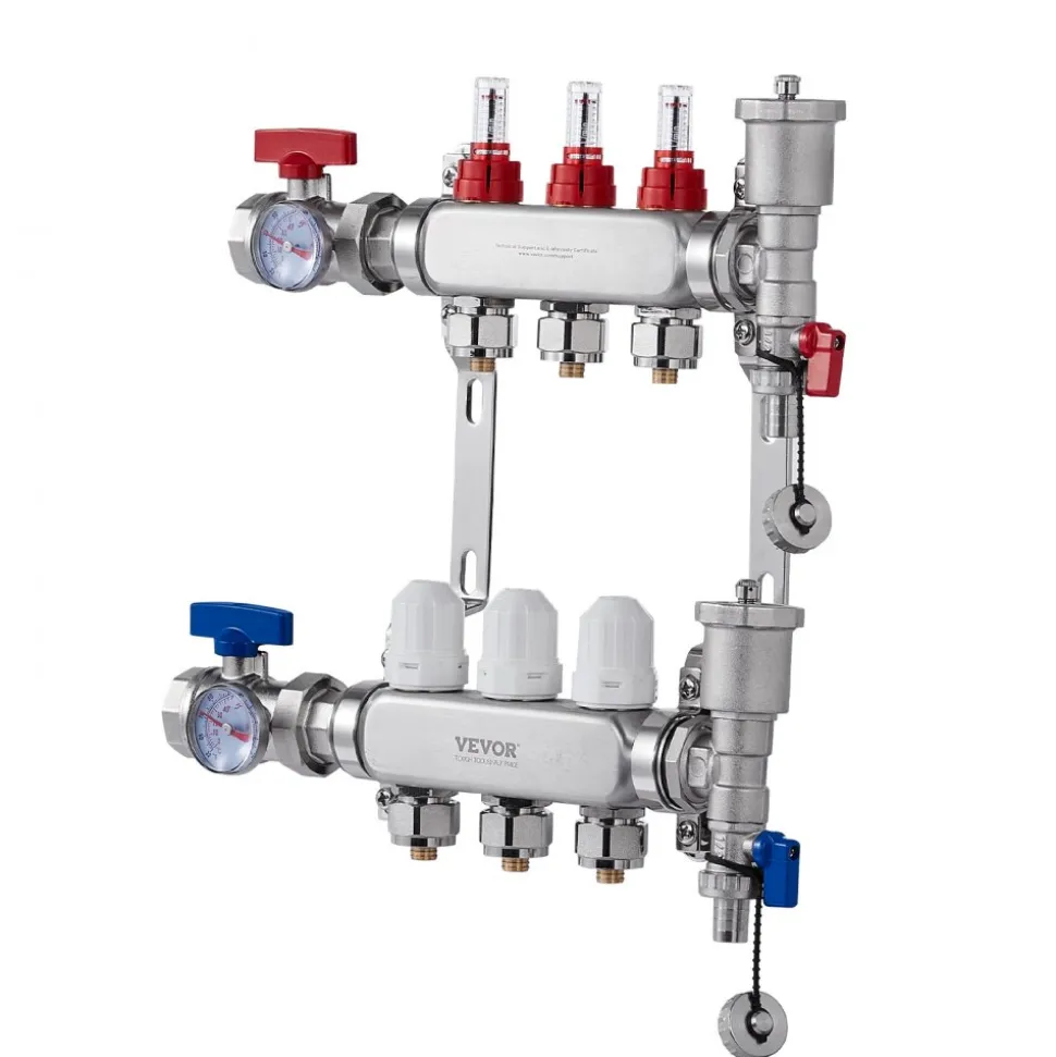VEVOR 3-Branch Radiant Heat Manifold, 1/2" PEX Tubing Manifold, Stainless Steel PEX Manifold for Hydronic Radiant Floor Heating, Radiant Heat PEX Manifold Kit with 1/2" Adapters Included