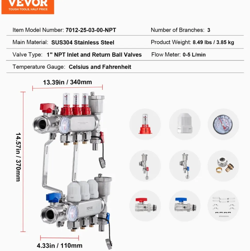 VEVOR 3-Branch Radiant Heat Manifold, 1/2" PEX Tubing Manifold, Stainless Steel PEX Manifold for Hydronic Radiant Floor Heating, Radiant Heat PEX Manifold Kit with 1/2" Adapters Included