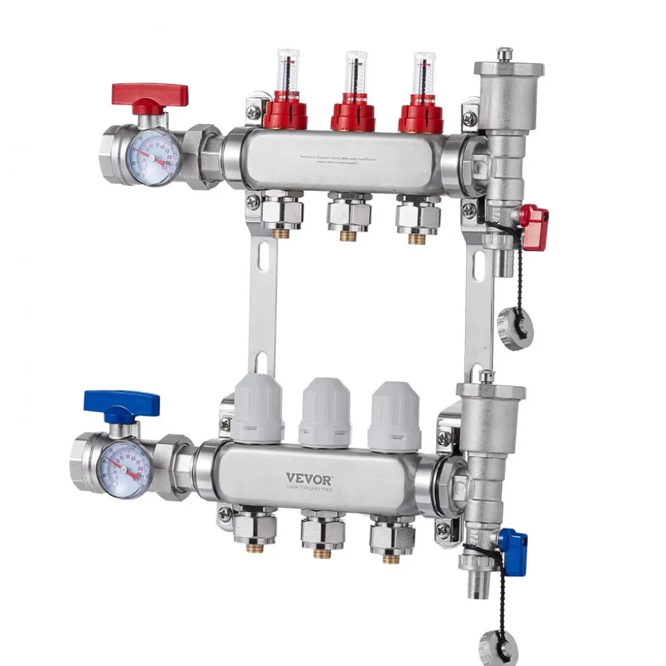 VEVOR 3-Branch Radiant Heat Manifold, 1/2" PEX Tubing Manifold, Stainless Steel PEX Manifold for Hydronic Radiant Floor Heating, Radiant Heat PEX Manifold Kit with 1/2" Adapters Included