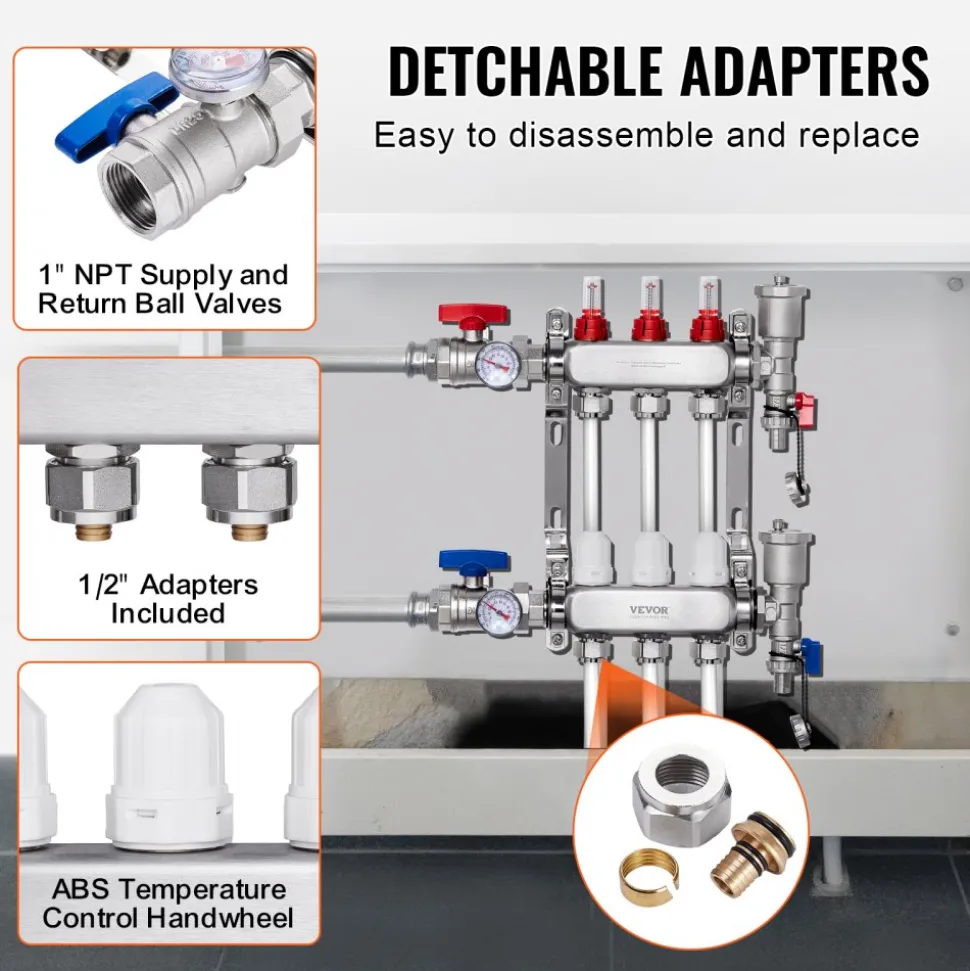 VEVOR 3-Branch Radiant Heat Manifold, 1/2" PEX Tubing Manifold, Stainless Steel PEX Manifold for Hydronic Radiant Floor Heating, Radiant Heat PEX Manifold Kit with 1/2" Adapters Included