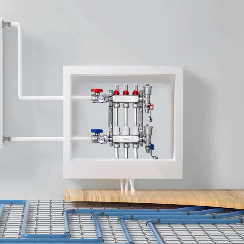 VEVOR 3-Branch Radiant Heat Manifold, 1/2" PEX Tubing Manifold, Stainless Steel PEX Manifold for Hydronic Radiant Floor Heating, Radiant Heat PEX Manifold Kit with 1/2" Adapters Included