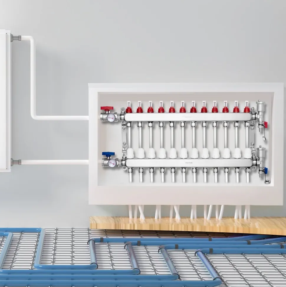 VEVOR 12-Branch Radiant Heat Manifold, 1/2" PEX Tubing Manifold, Stainless Steel PEX Manifold for Hydronic Radiant Floor Heating, Radiant Heat PEX Manifold Kit with 1/2" Adapters Included