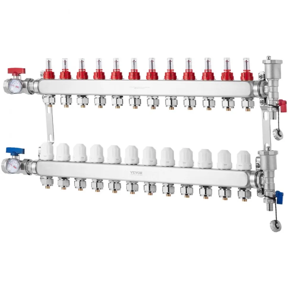 VEVOR 12-Branch Radiant Heat Manifold, 1/2" PEX Tubing Manifold, Stainless Steel PEX Manifold for Hydronic Radiant Floor Heating, Radiant Heat PEX Manifold Kit with 1/2" Adapters Included