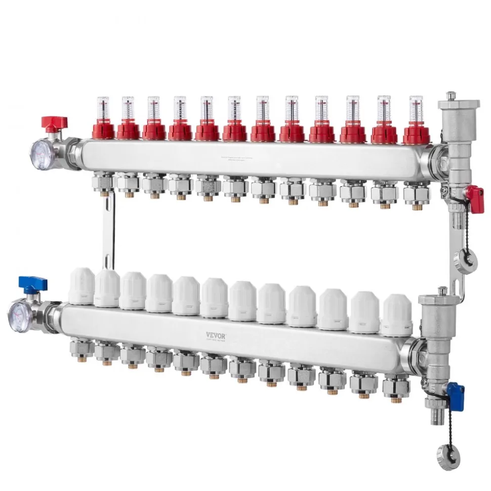 VEVOR 12-Branch Radiant Heat Manifold, 1/2" PEX Tubing Manifold, Stainless Steel PEX Manifold for Hydronic Radiant Floor Heating, Radiant Heat PEX Manifold Kit with 1/2" Adapters Included