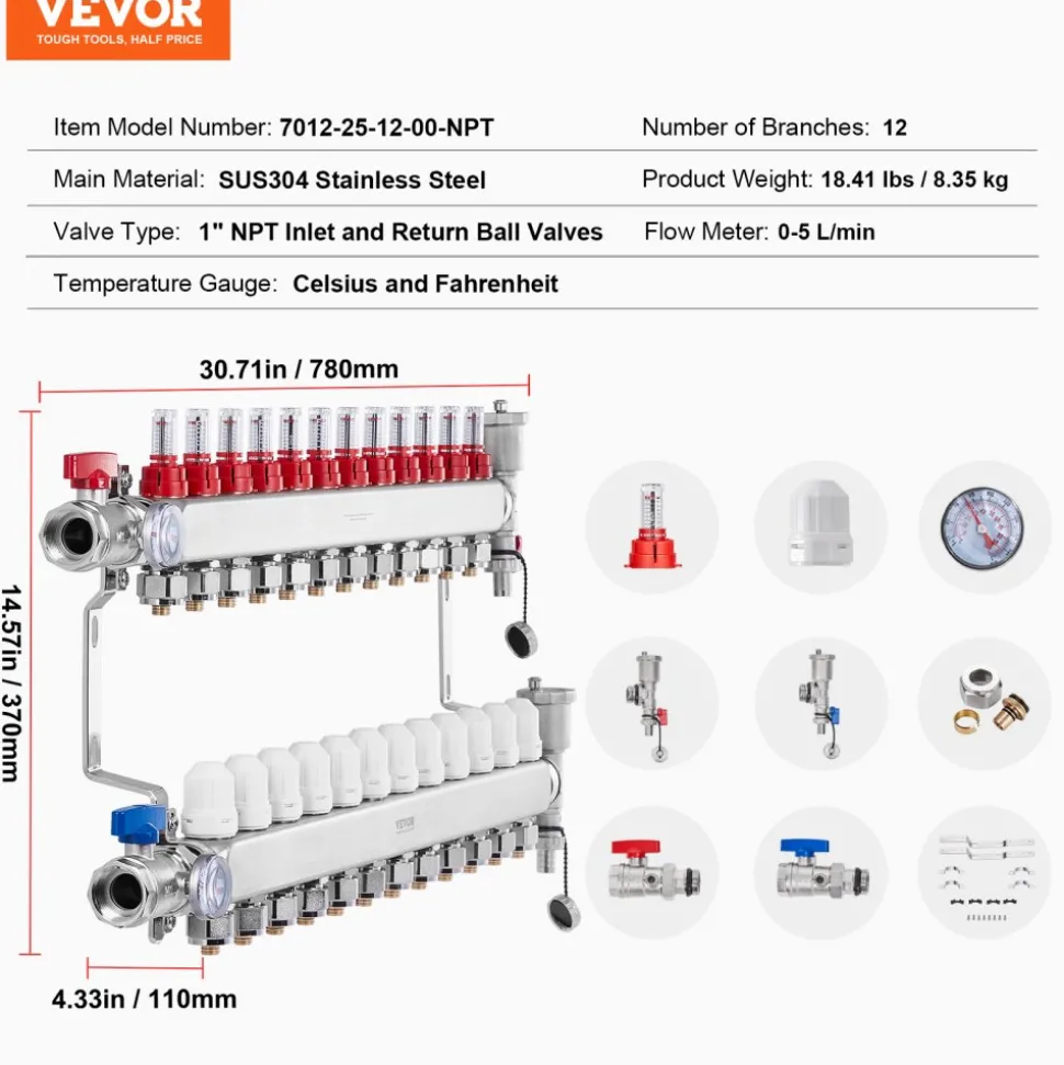 VEVOR 12-Branch Radiant Heat Manifold, 1/2" PEX Tubing Manifold, Stainless Steel PEX Manifold for Hydronic Radiant Floor Heating, Radiant Heat PEX Manifold Kit with 1/2" Adapters Included