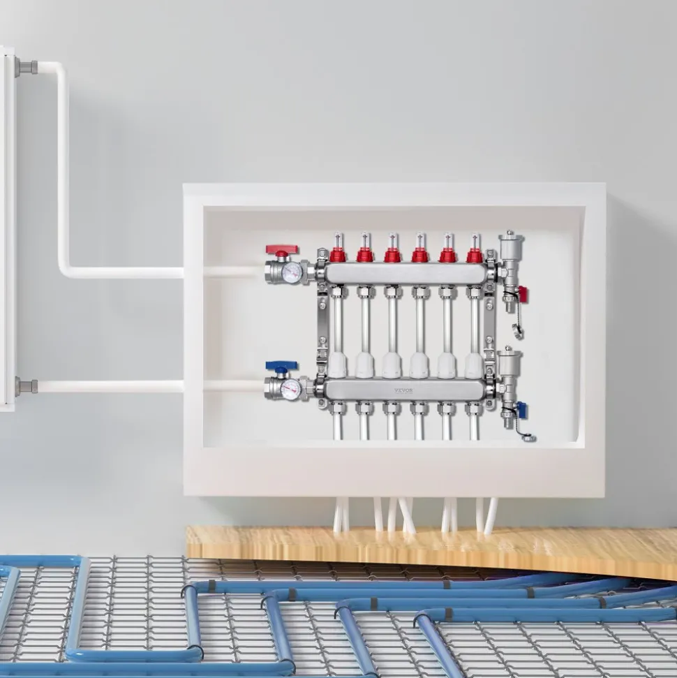 VEVOR 6-Branch Radiant Heat Manifold, 1/2" PEX Tubing Manifold, Stainless Steel PEX Manifold for Hydronic Radiant Floor Heating, Radiant Heat PEX Manifold Kit with 1/2" Adapters Included