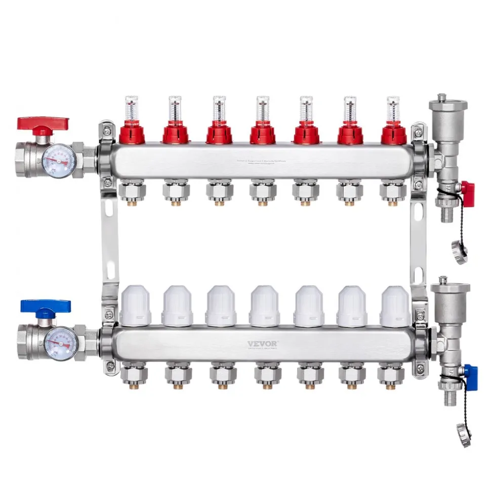 VEVOR 7-Branch Radiant Heat Manifold, 1/2" PEX Tubing Manifold, Stainless Steel PEX Manifold for Hydronic Radiant Floor Heating, Radiant Heat PEX Manifold Kit with 1/2" Adapters Included