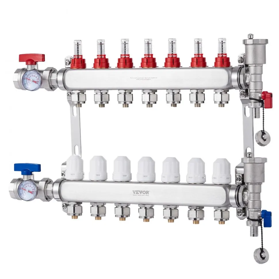 VEVOR 7-Branch Radiant Heat Manifold, 1/2" PEX Tubing Manifold, Stainless Steel PEX Manifold for Hydronic Radiant Floor Heating, Radiant Heat PEX Manifold Kit with 1/2" Adapters Included