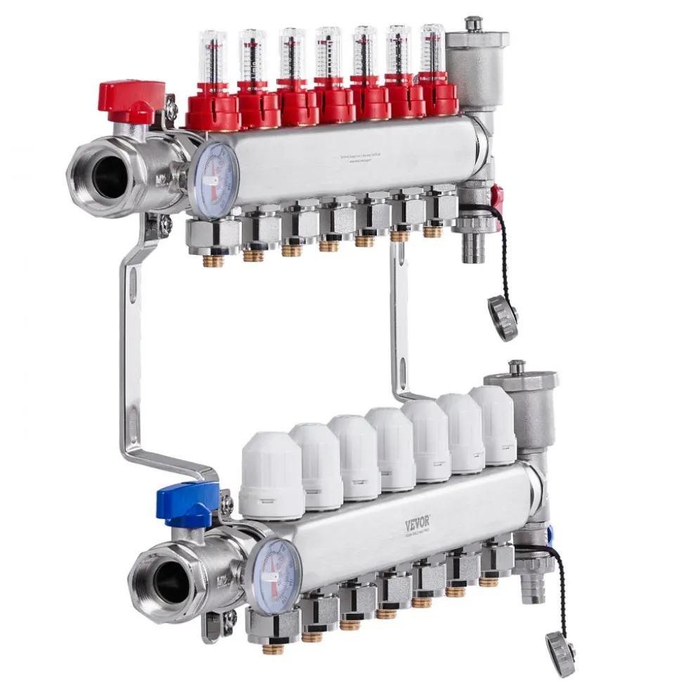 VEVOR 7-Branch Radiant Heat Manifold, 1/2" PEX Tubing Manifold, Stainless Steel PEX Manifold for Hydronic Radiant Floor Heating, Radiant Heat PEX Manifold Kit with 1/2" Adapters Included