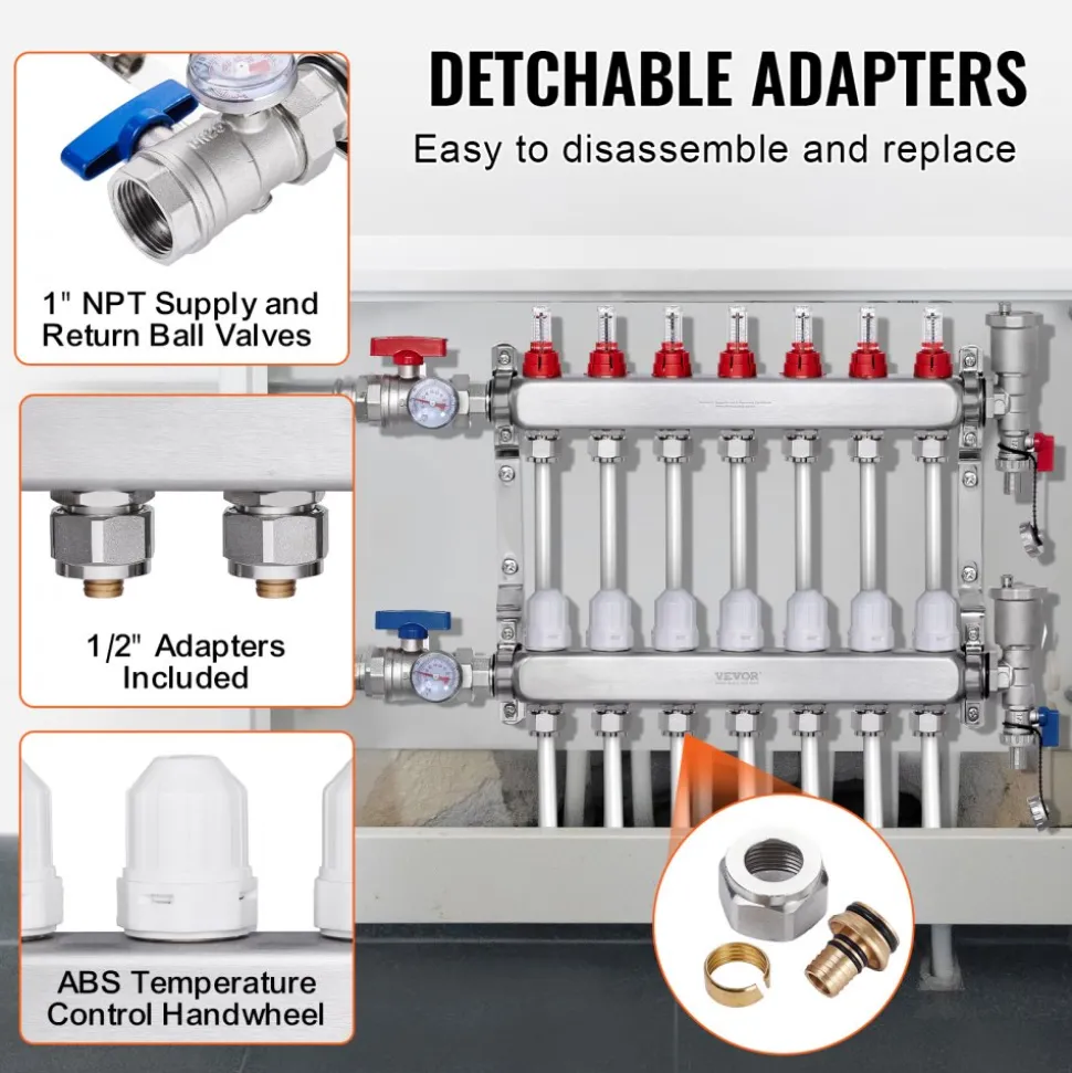 VEVOR 7-Branch Radiant Heat Manifold, 1/2" PEX Tubing Manifold, Stainless Steel PEX Manifold for Hydronic Radiant Floor Heating, Radiant Heat PEX Manifold Kit with 1/2" Adapters Included