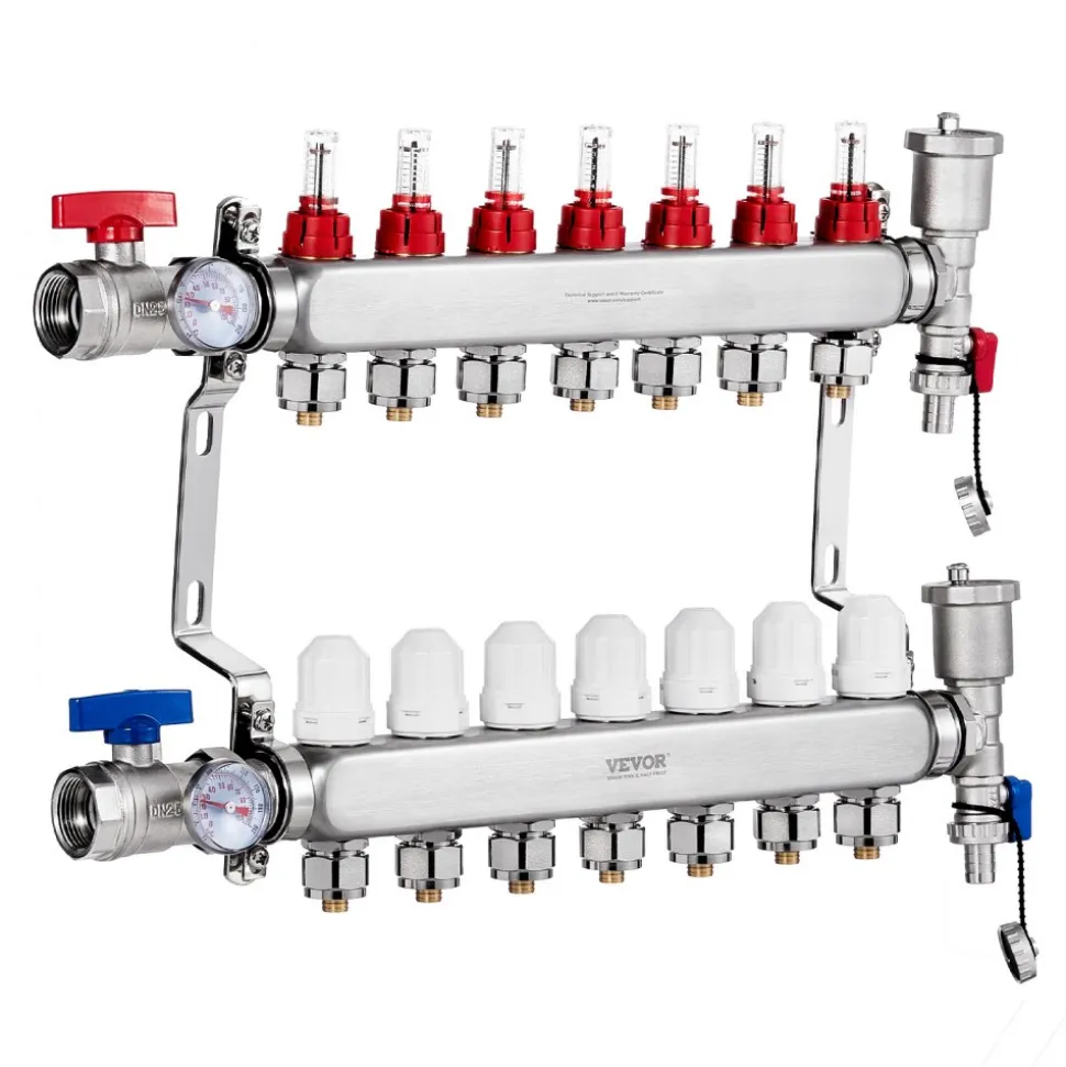 VEVOR 7-Branch Radiant Heat Manifold, 1/2" PEX Tubing Manifold, Stainless Steel PEX Manifold for Hydronic Radiant Floor Heating, Radiant Heat PEX Manifold Kit with 1/2" Adapters Included