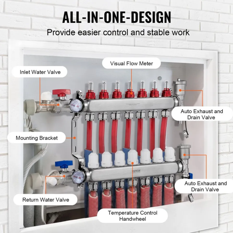 VEVOR 7-Branch Radiant Heat Manifold, 1/2" PEX Tubing Manifold, Stainless Steel PEX Manifold for Hydronic Radiant Floor Heating, Radiant Heat PEX Manifold Kit with 1/2" Adapters Included