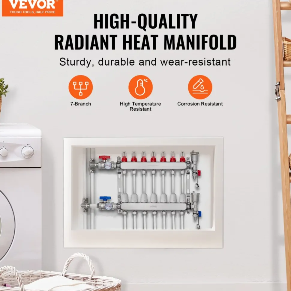 VEVOR 7-Branch Radiant Heat Manifold, 1/2" PEX Tubing Manifold, Stainless Steel PEX Manifold for Hydronic Radiant Floor Heating, Radiant Heat PEX Manifold Kit with 1/2" Adapters Included
