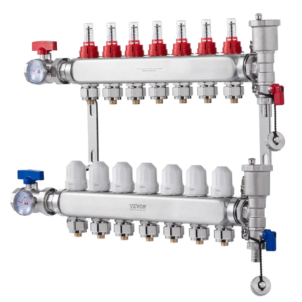 VEVOR 7-Branch Radiant Heat Manifold, 1/2" PEX Tubing Manifold, Stainless Steel PEX Manifold for Hydronic Radiant Floor Heating, Radiant Heat PEX Manifold Kit with 1/2" Adapters Included