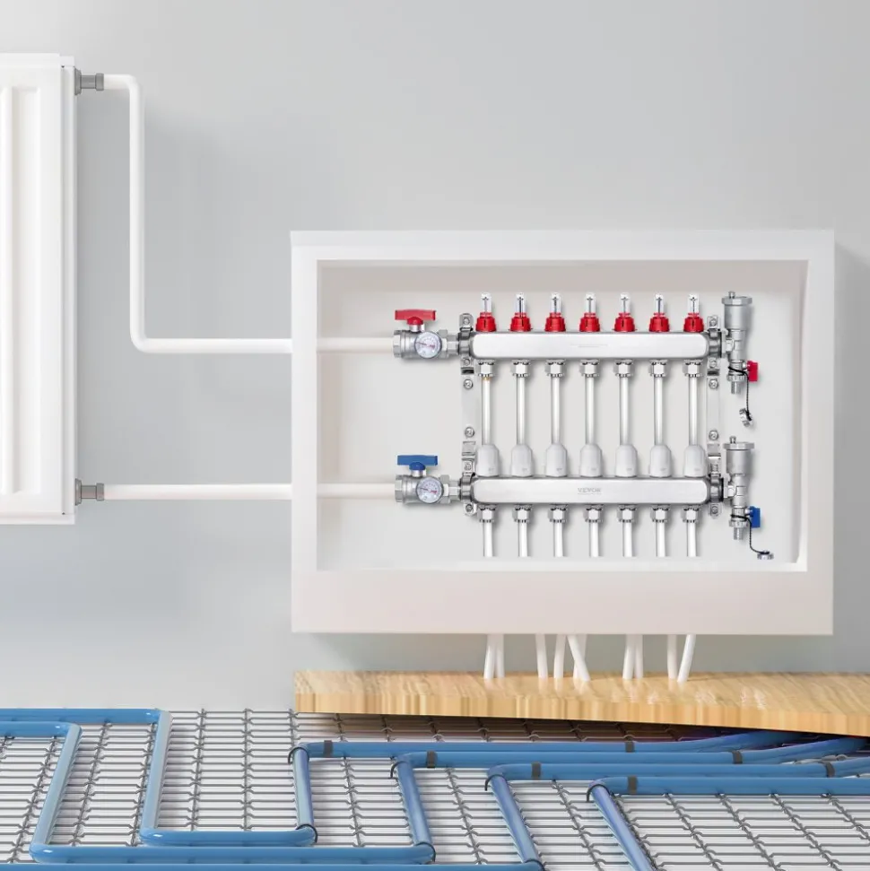 VEVOR 7-Branch Radiant Heat Manifold, 1/2" PEX Tubing Manifold, Stainless Steel PEX Manifold for Hydronic Radiant Floor Heating, Radiant Heat PEX Manifold Kit with 1/2" Adapters Included