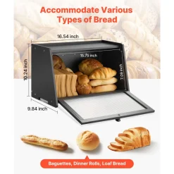 VEVOR Bread Box for Kitchen Counter, Large Capacity Bamboo Bread Storage Container, Farmhouse Wooden Breadbox Organizer for Homemade Bread, Storage Holder Bin with Acrylic Wavy Door Panel, Black
