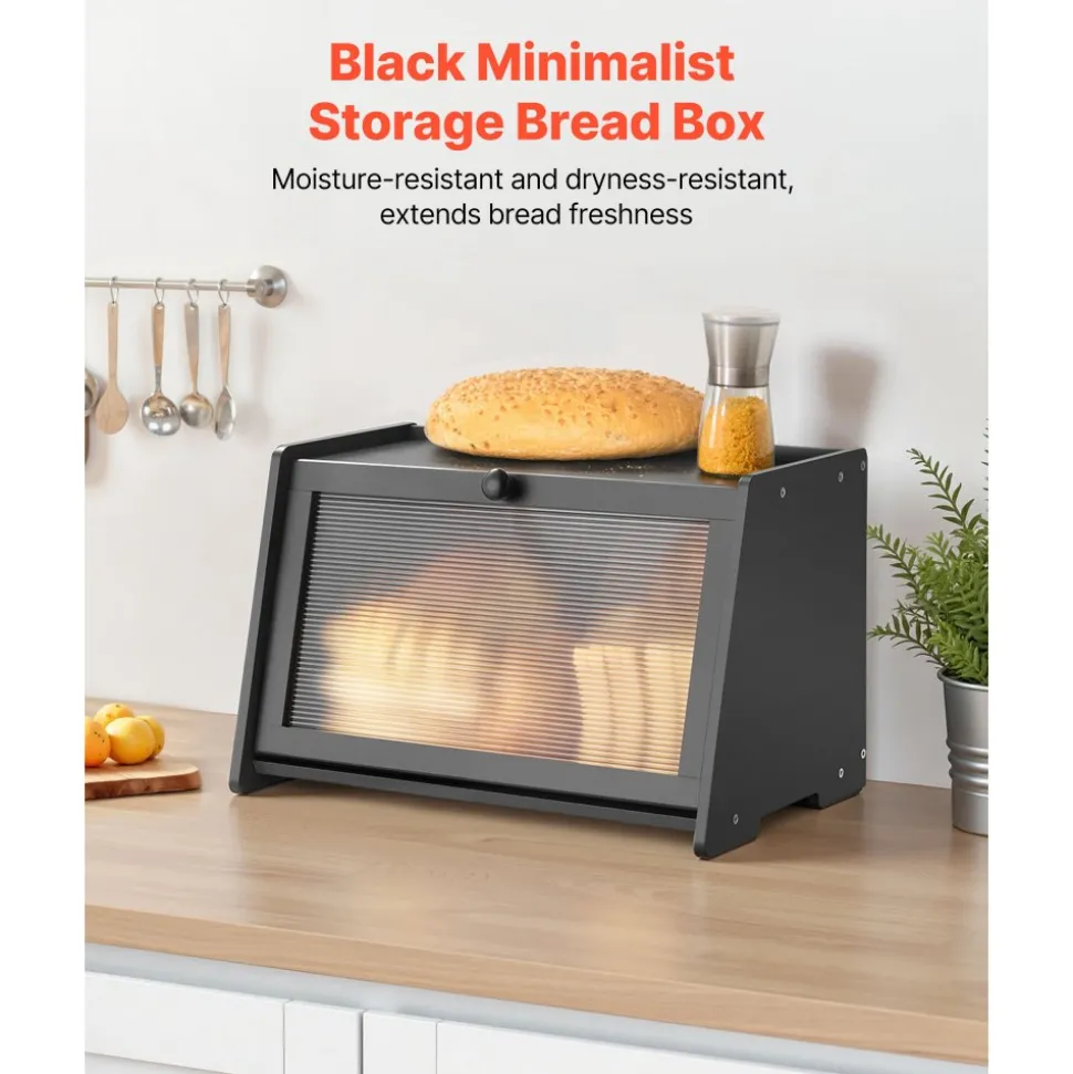 VEVOR Bread Box for Kitchen Counter, Large Capacity Bamboo Bread Storage Container, Farmhouse Wooden Breadbox Organizer for Homemade Bread, Storage Holder Bin with Acrylic Wavy Door Panel, Black